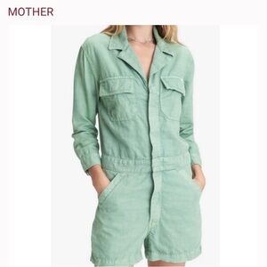 Mother the fixer Sage Green shorts Romper S Denim Zip  Up